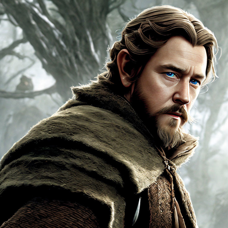 Man with Beard in Medieval Attire in Misty Forest - Digital Art