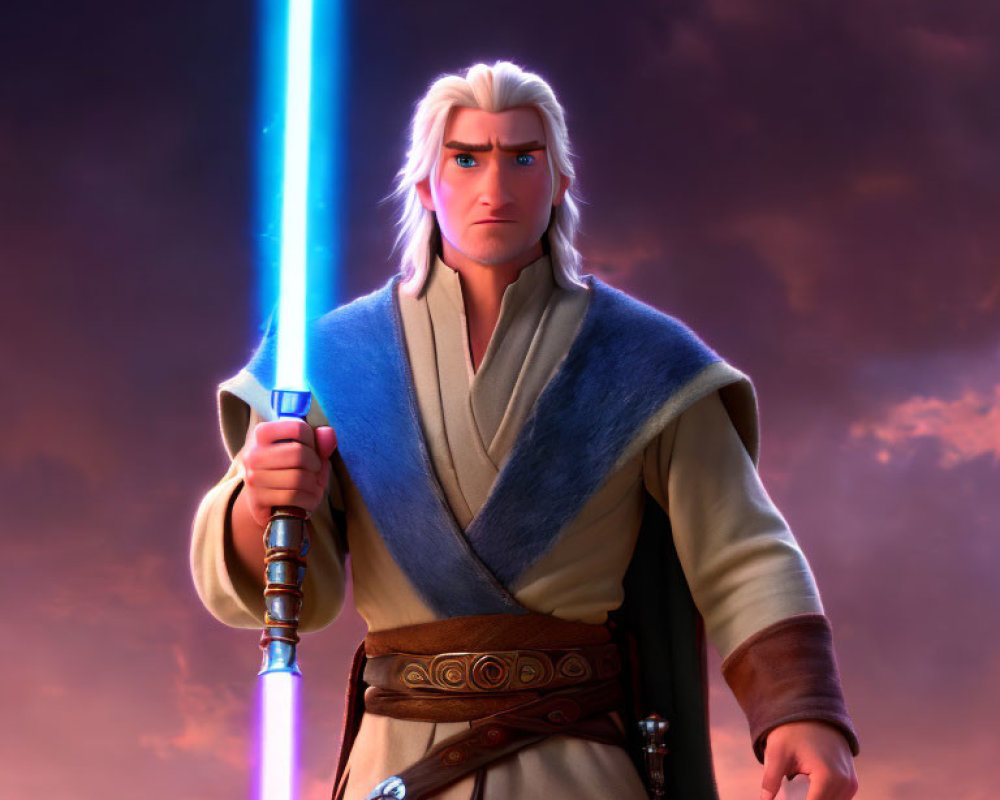 Blue lightsaber-wielding animated character in Jedi robe under dramatic sky