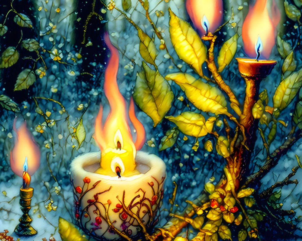 Artwork featuring tall candle flames in greenery and pine cones against a blue background