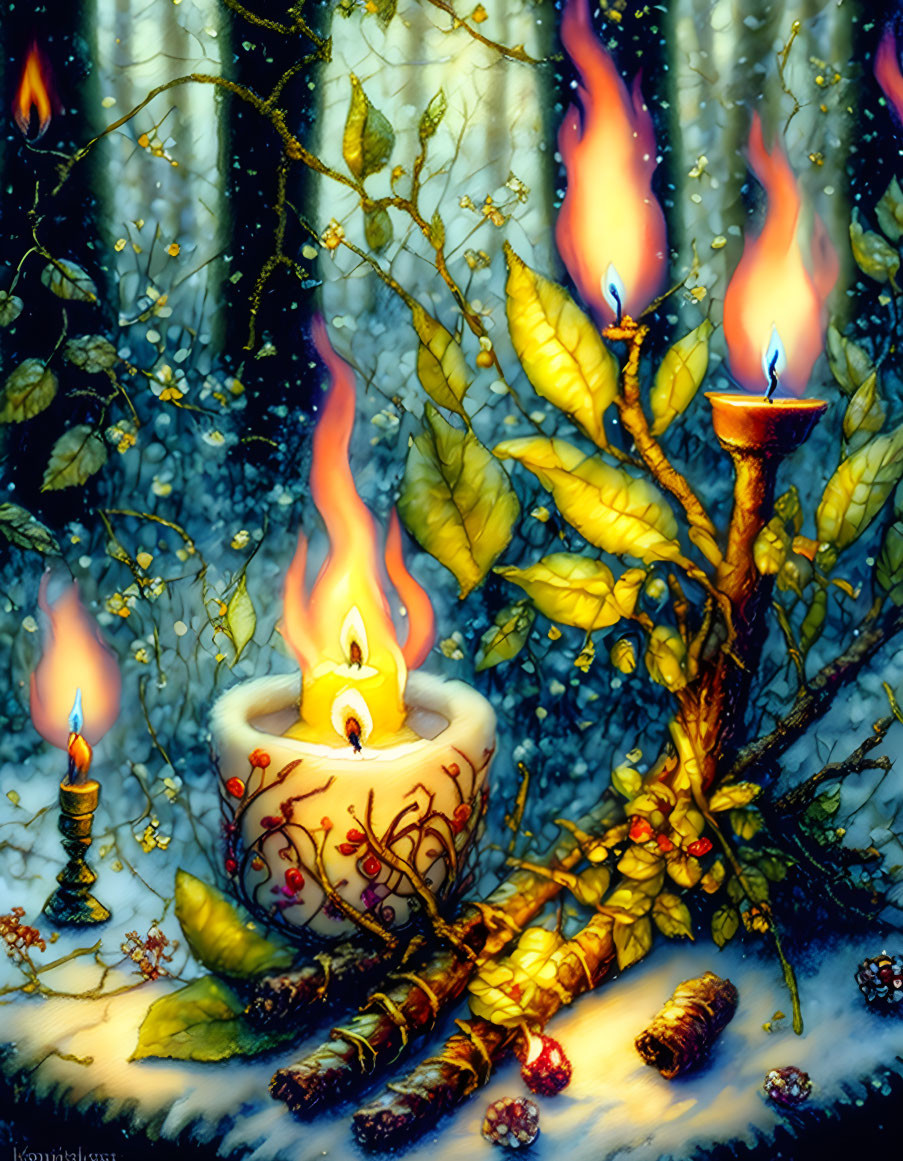 Artwork featuring tall candle flames in greenery and pine cones against a blue background