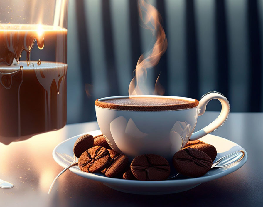 Steaming coffee cup, cookies on saucer, spilled jug with liquid splash in warm, dimly