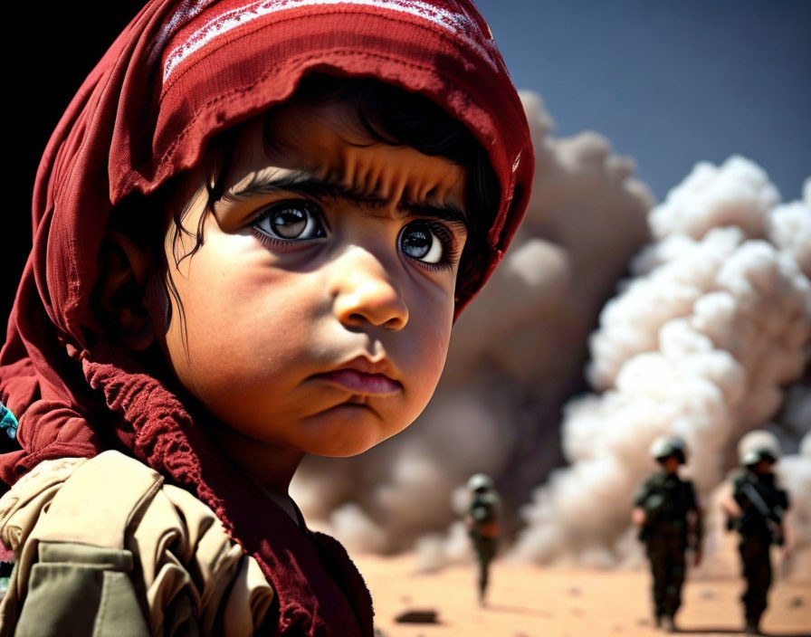 Young child in red headscarf amid soldiers and smoke.