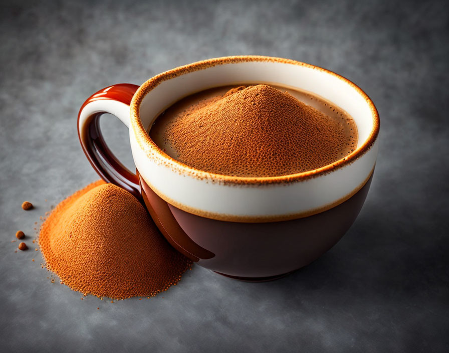 Ceramic cup filled with foamy coffee and spilled granules