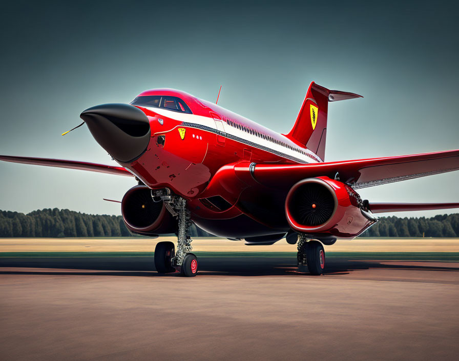 Red Private Jet with Twin Engines, Black and Gold Accents on Runway