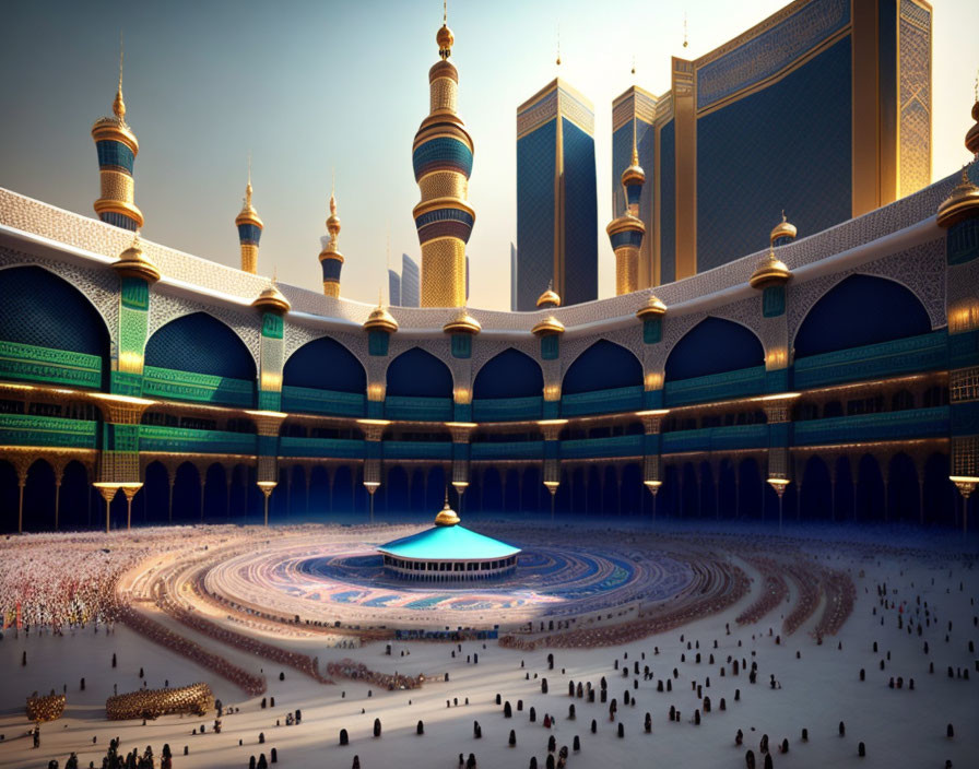 Ornate mosque courtyard with worshippers, arcades, and minarets at sunset