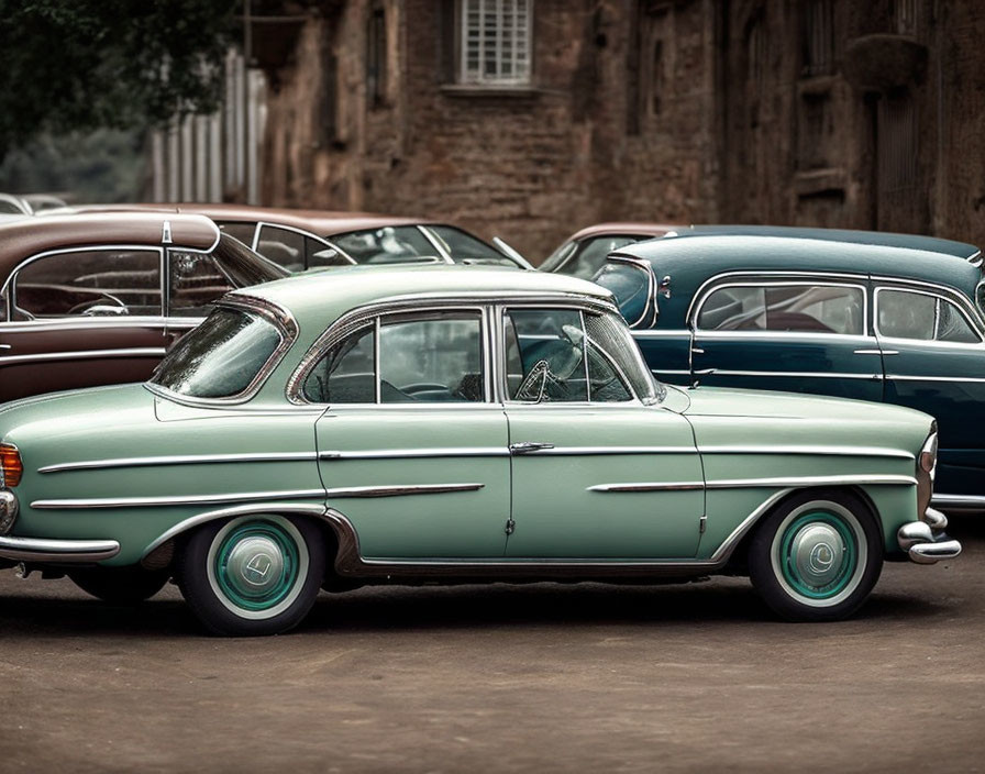 Row of Vintage Cars in Various Colors Near Old Building