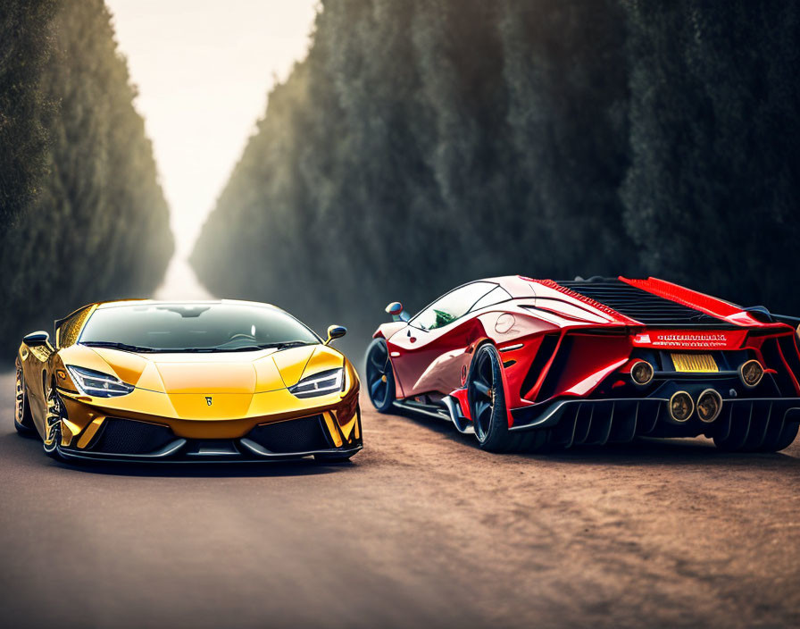 Luxury gold and red Lamborghinis parked on road with trees in background