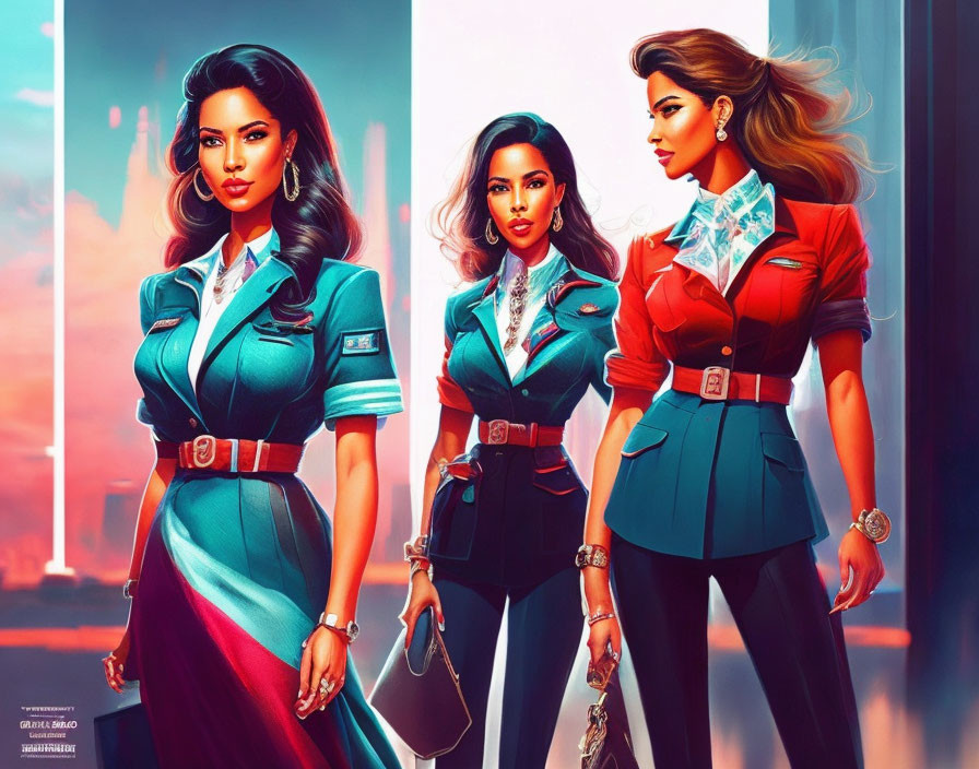 Stylized women in vintage flight attendant uniforms against retro-futuristic cityscape