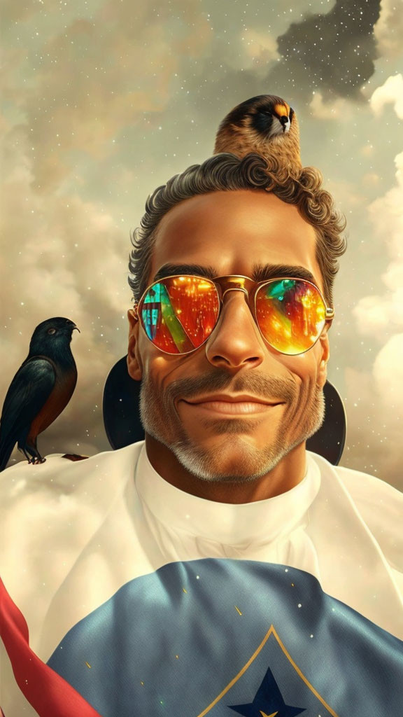 Man with Reflective Sunglasses and Birds in Cloudy Sky