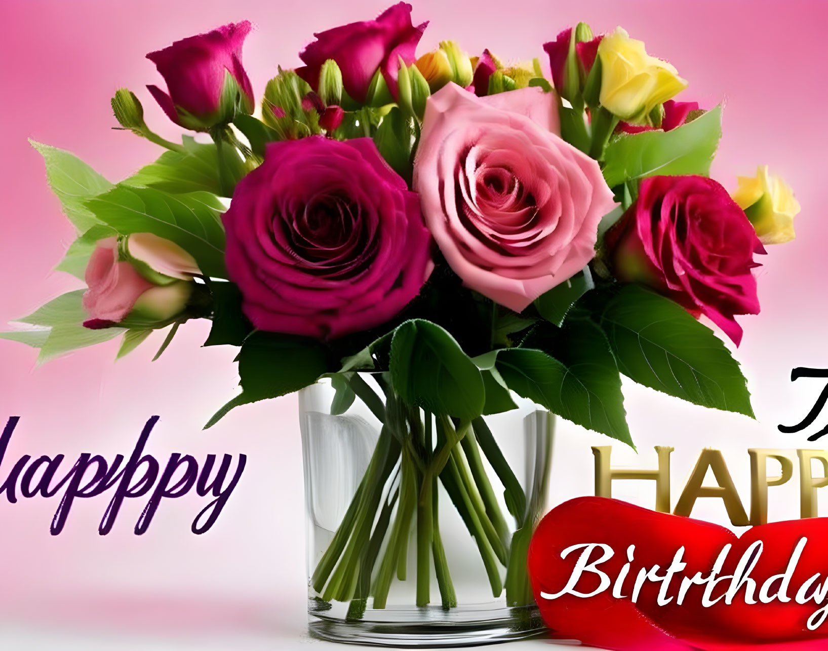 Pink and Magenta Roses Bouquet in Glass Vase on Happy Birthday Pink Backdrop