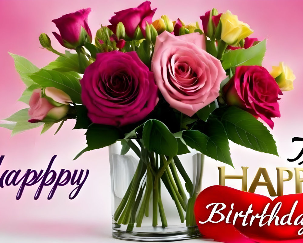 Pink and Magenta Roses Bouquet in Glass Vase on Happy Birthday Pink Backdrop