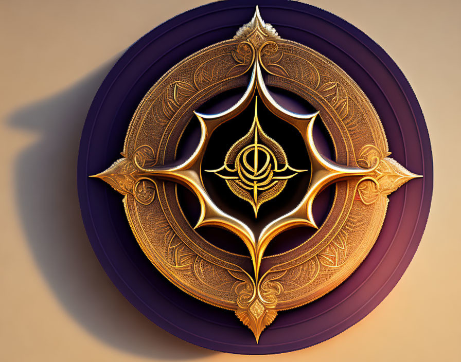 Detailed ornamental symbol with gold and bronze motifs on circular purple background