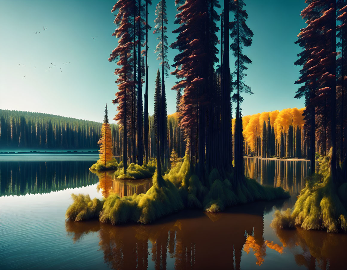 Tranquil Lake Scene: Pine Trees, Yellow Foliage Island, Clear Sky