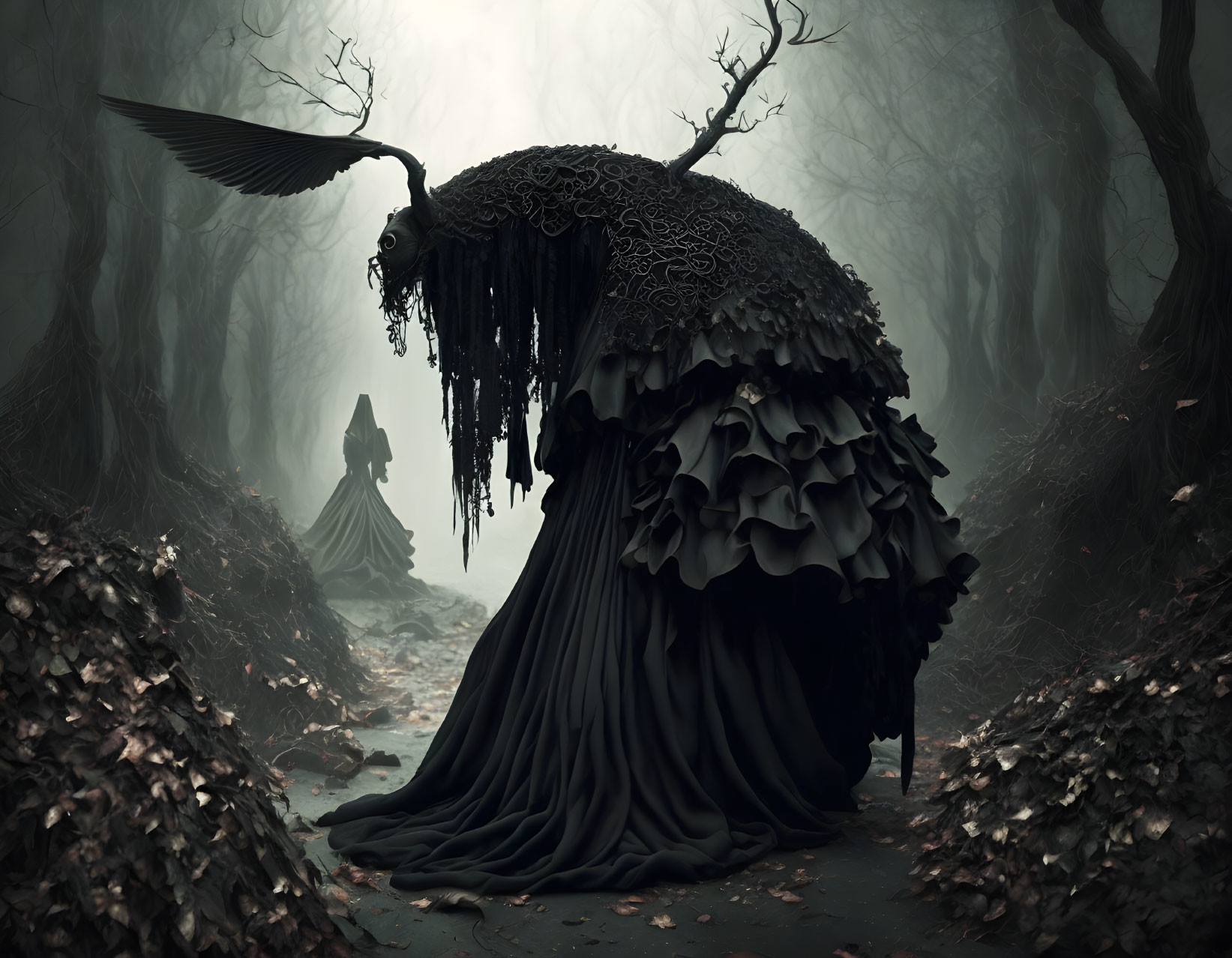 Mystical forest scene with two figures in dark gowns and headdresses