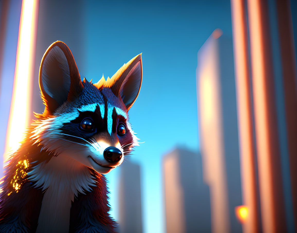 Vibrant blue fur raccoon in neon cityscape at dusk