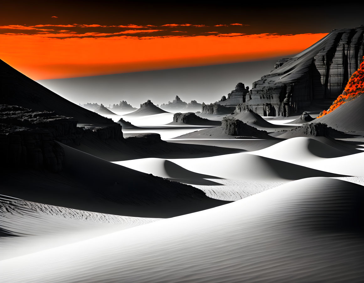 Vibrant orange sunset over black and white desert dunes.