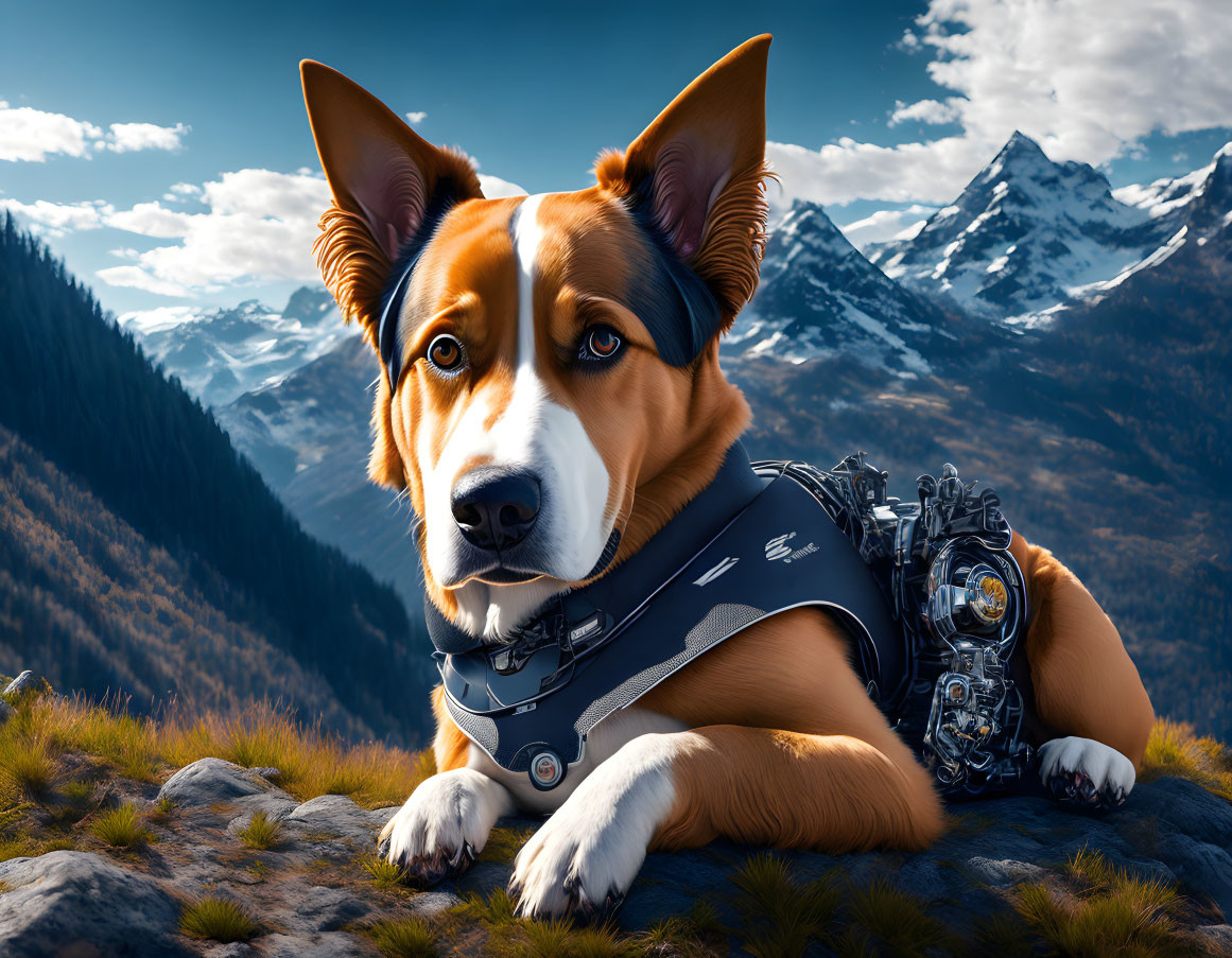 Photorealistic image of dog with mechanical body parts on rock in mountainous landscape