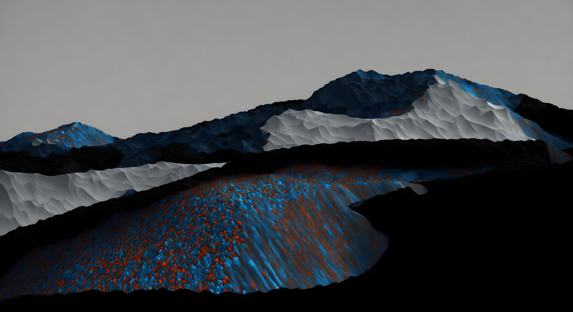 Stylized mountain ranges in blue and orange hues on dark backdrop