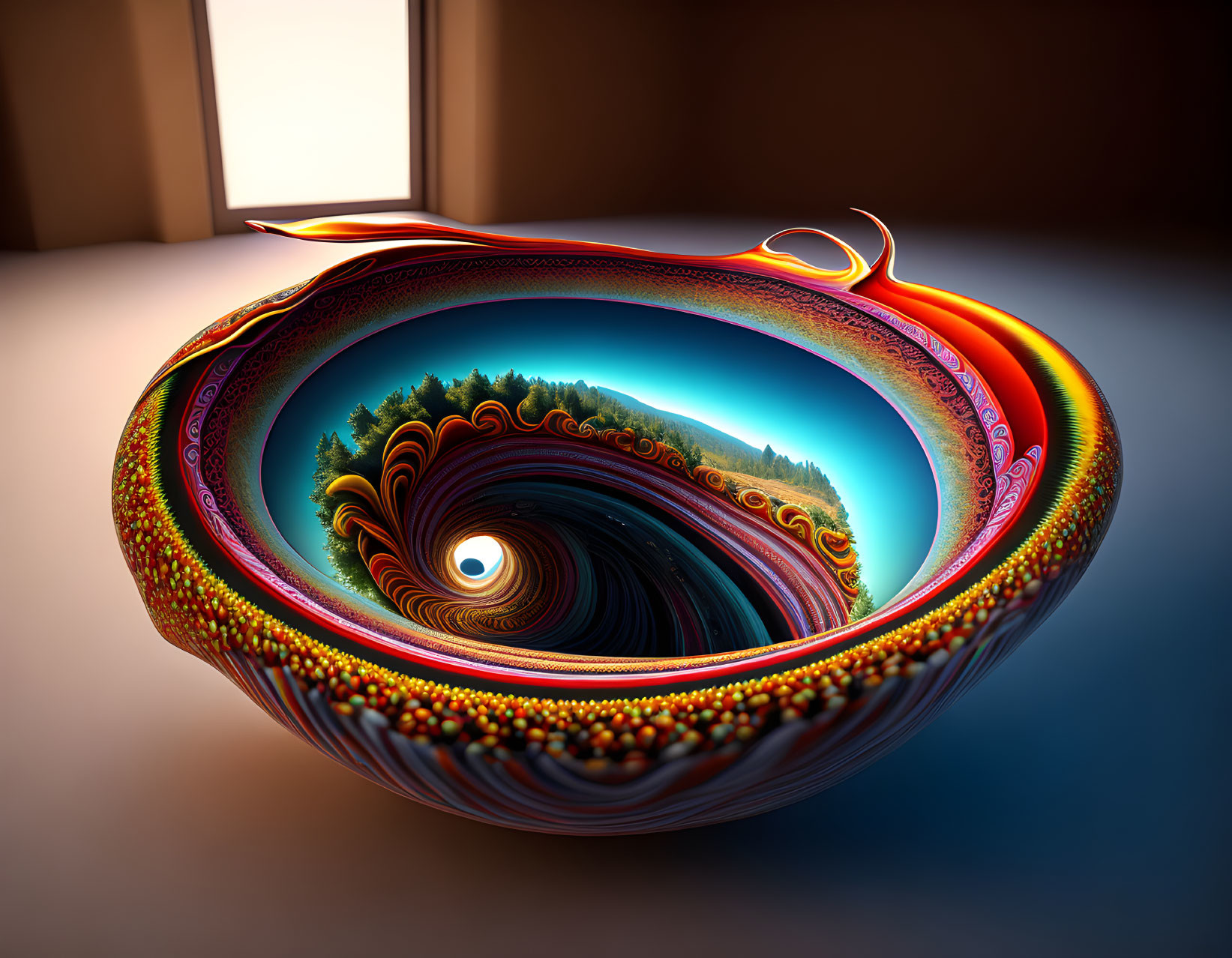 Vibrant 3D artwork: Bowl with twisting forest landscape