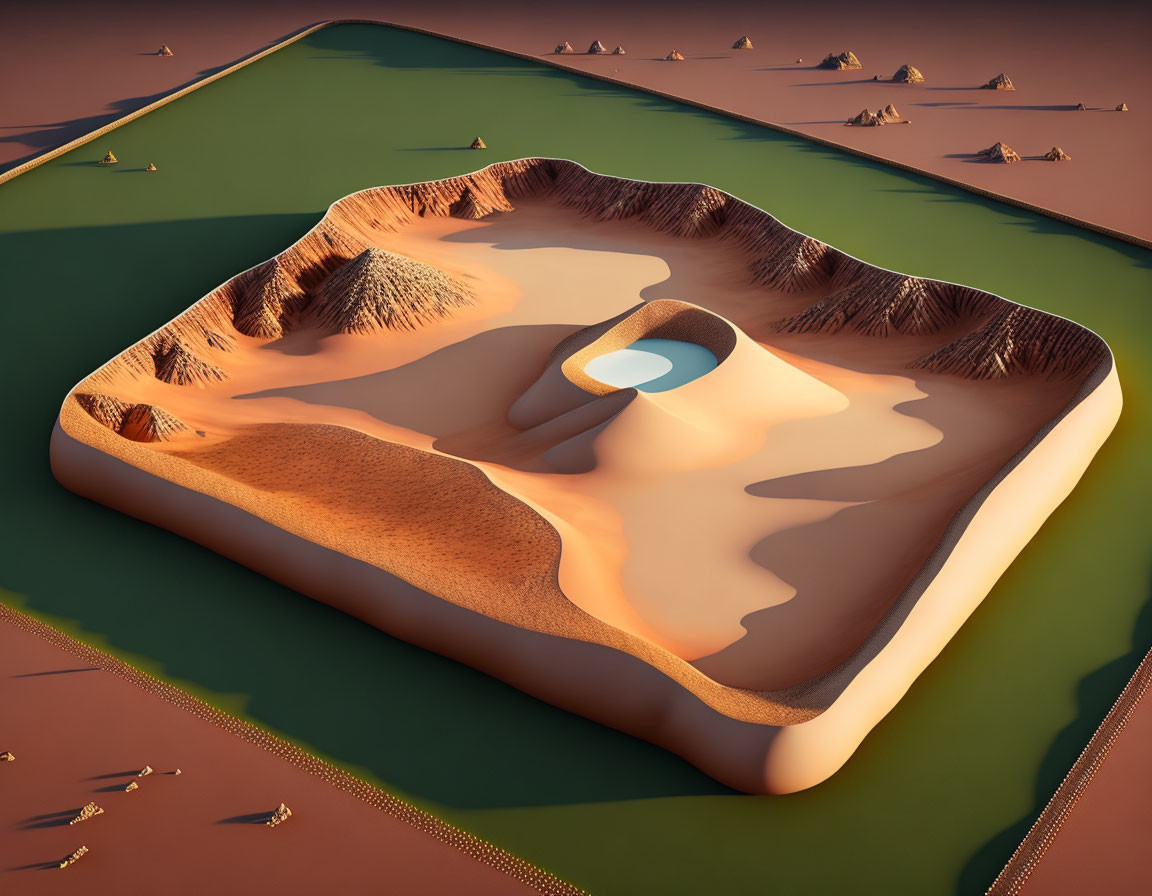 Surreal desert landscape with oasis and mountains.