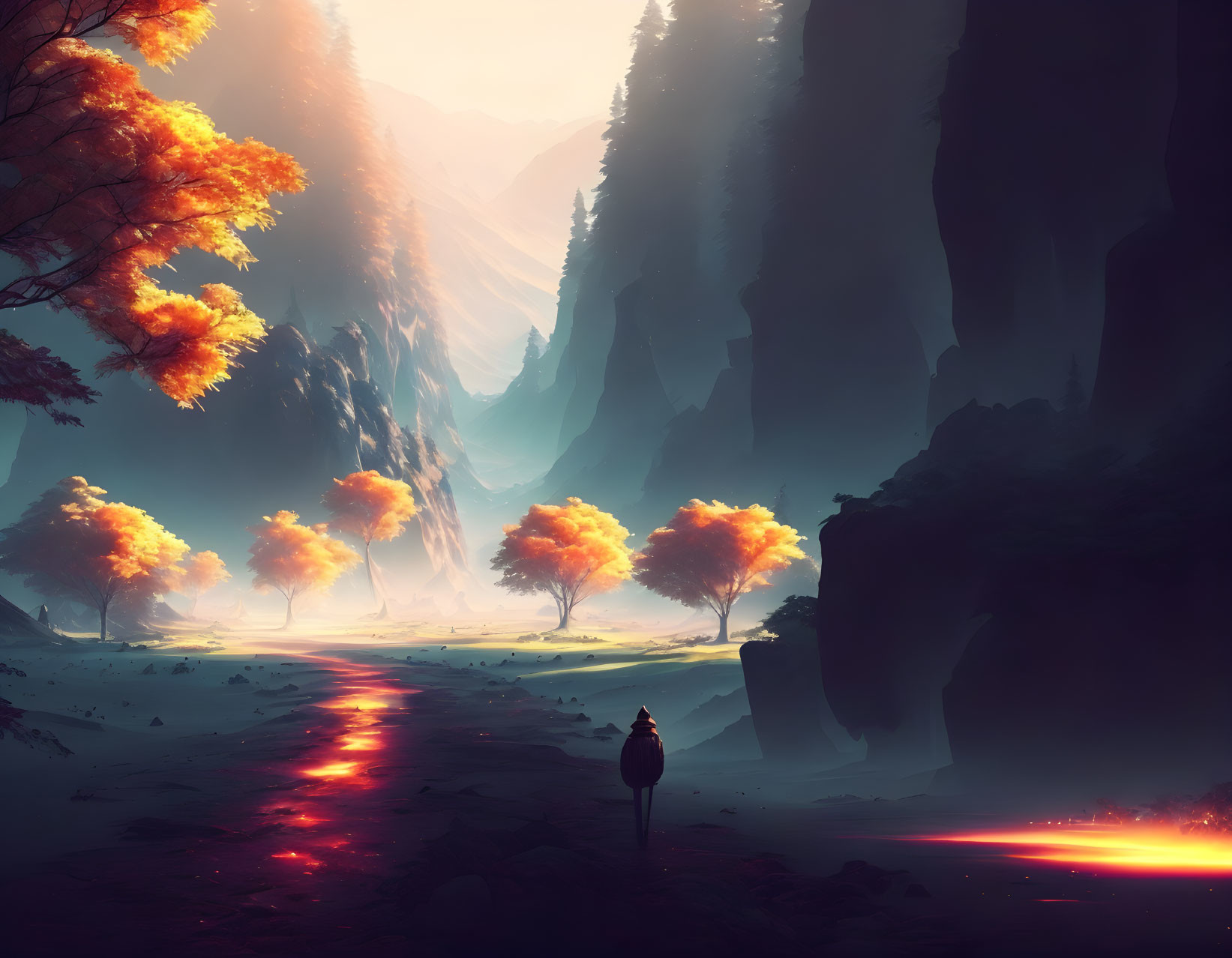 Fantastical valley with lone figure and glowing orange trees