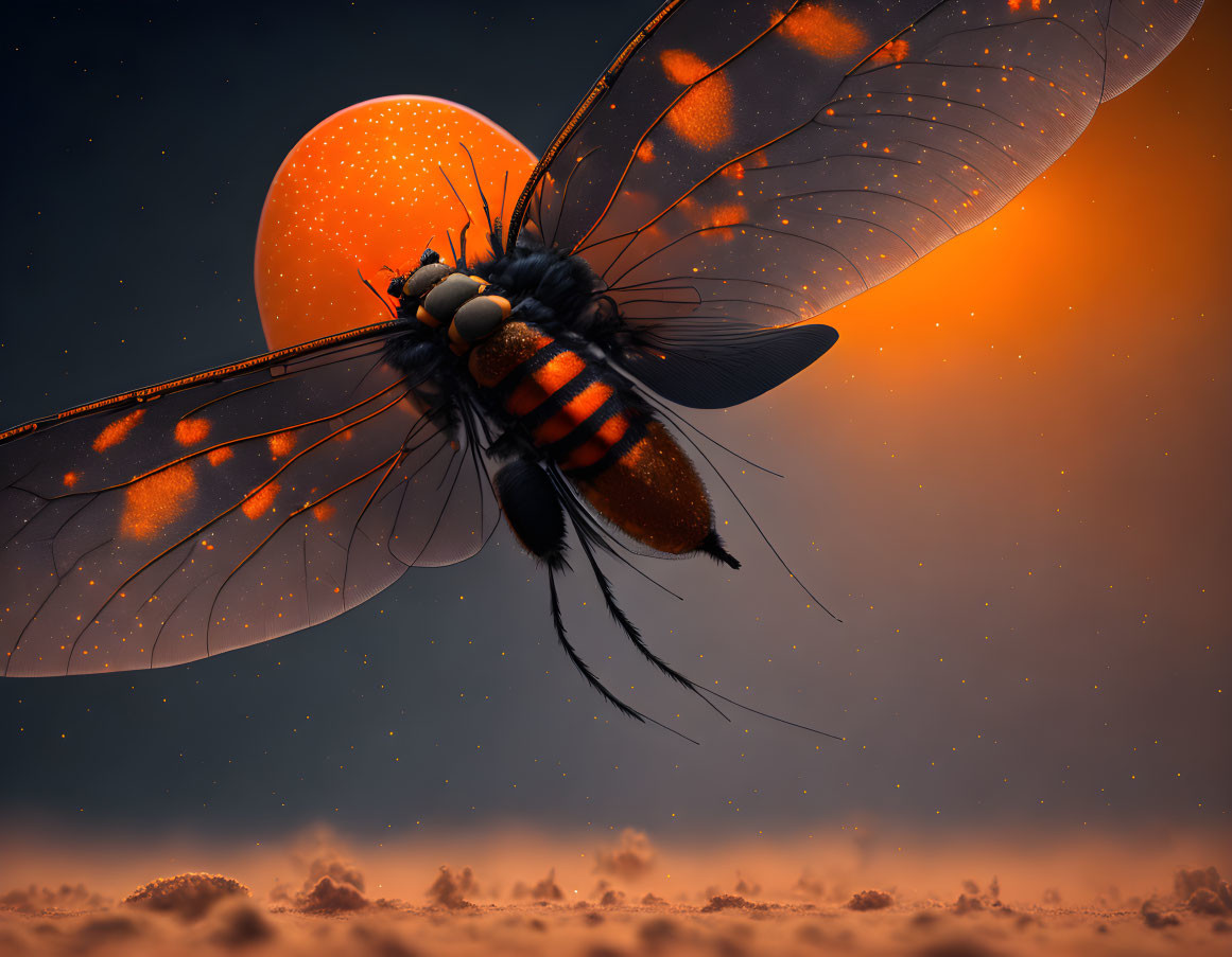 Detailed digital illustration: Giant orange-striped fly in dramatic sky with setting sun & fluffy clouds