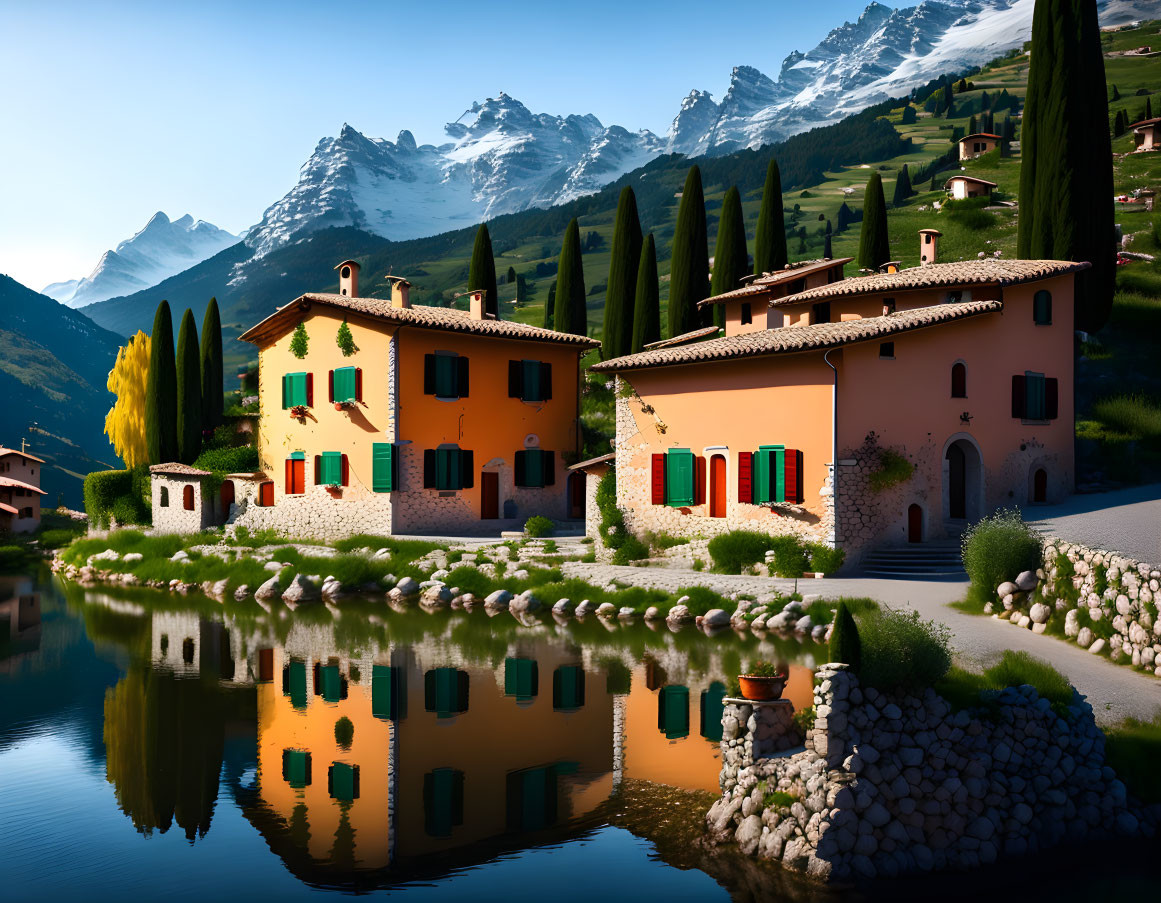 Scenic lakeside view: orange houses, green shutters, cypress trees, snow-capped