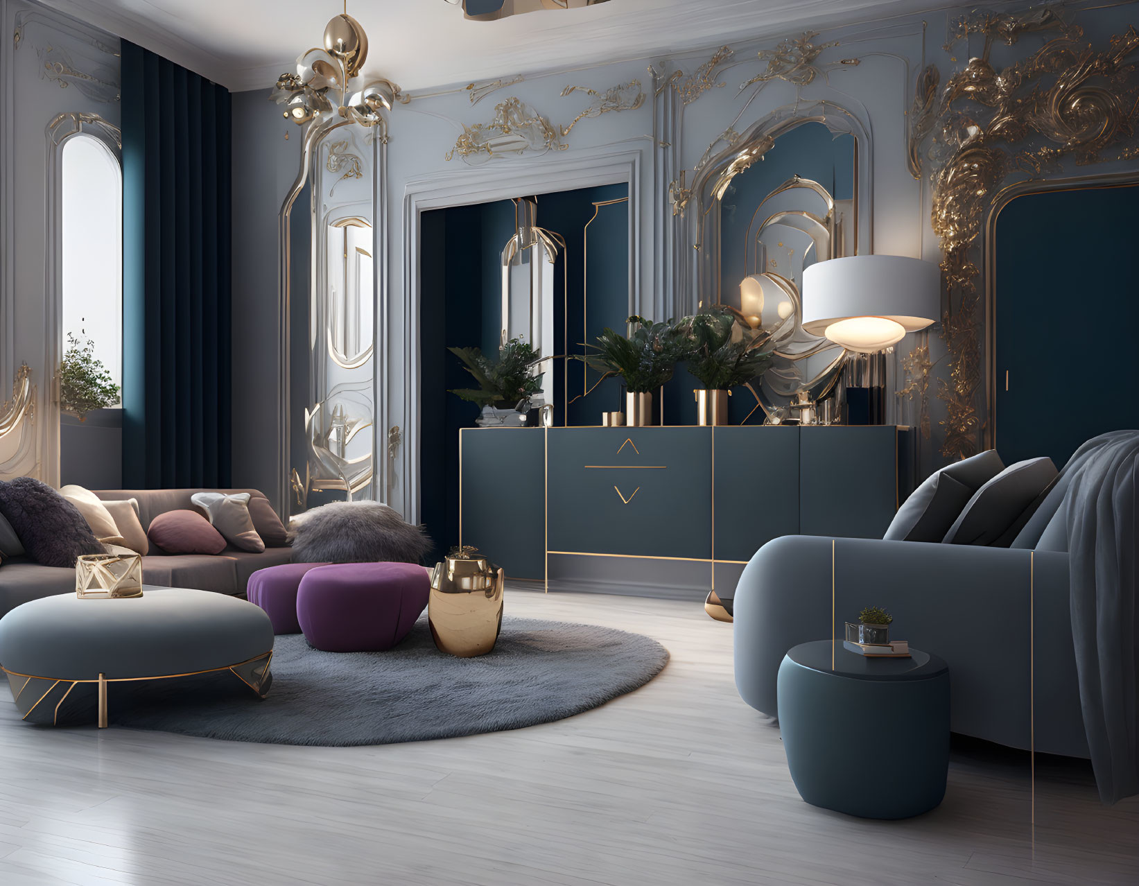 Elegant Blue and Gold Decor in Luxurious Living Room