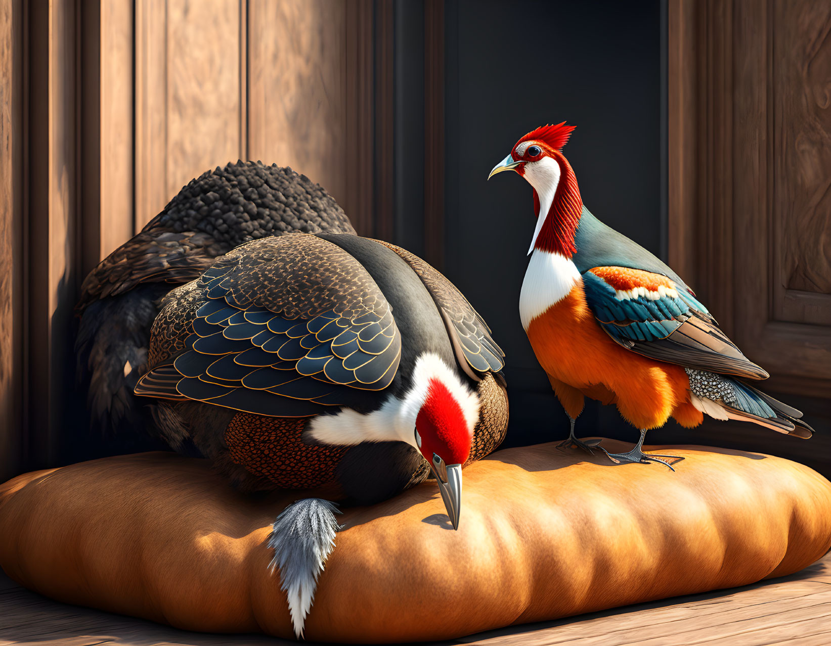 Vibrant pheasant and turkey with intricate feathers on wooden backdrop