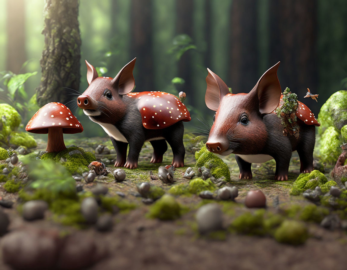 Whimsical boar piglets with mushroom ears in mossy forest