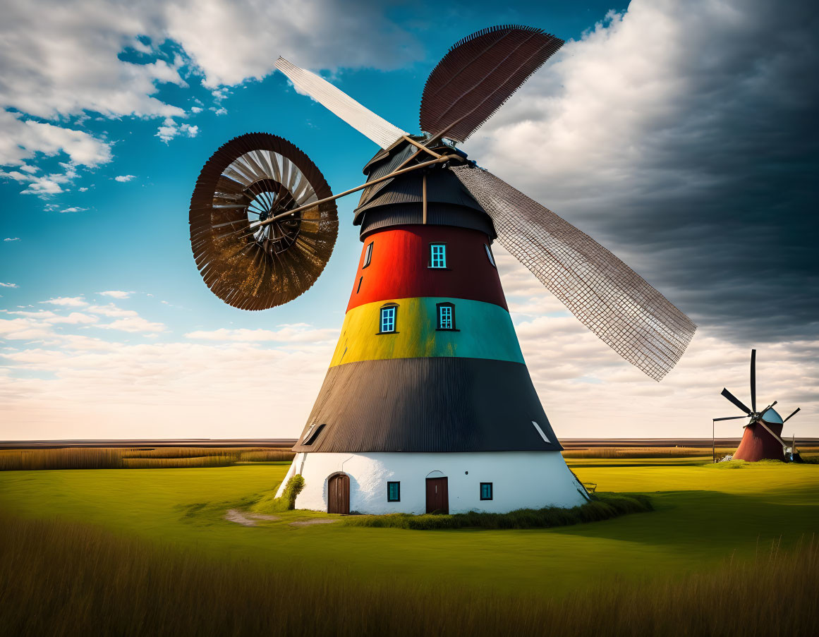 Colorful windmill under dramatic sky in lush green landscape