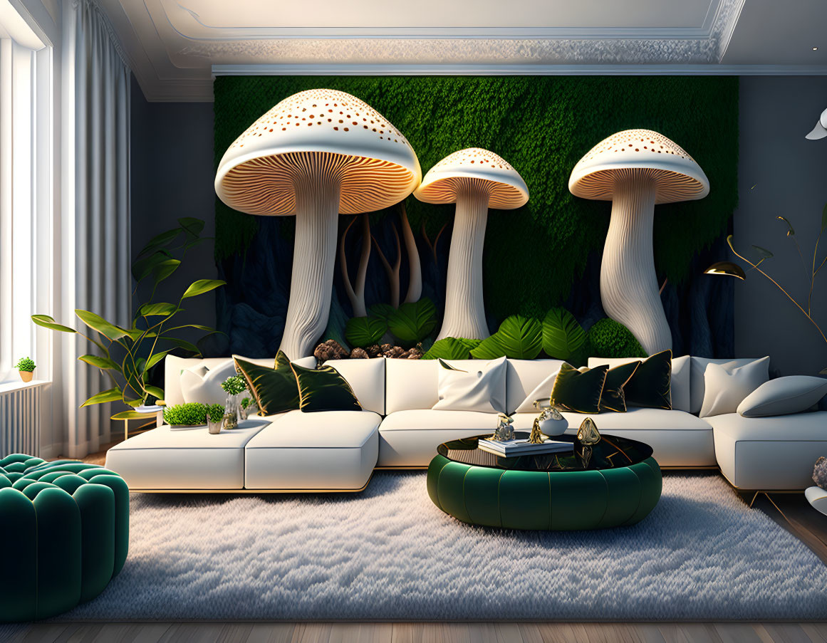 Contemporary Living Room with Oversized Mushroom Lamps & Greenery Wall