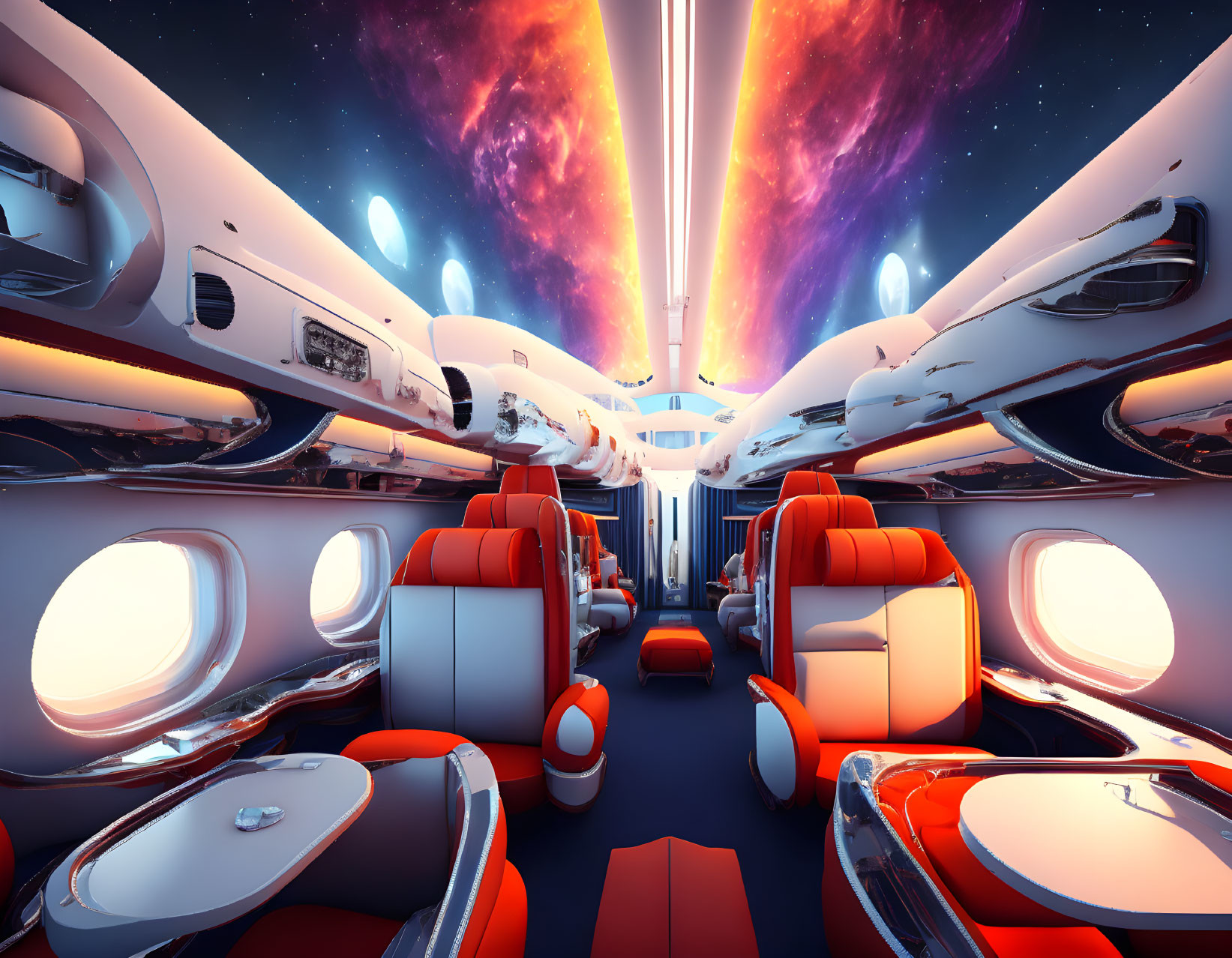 Sleek red and white seats in futuristic spacecraft interior