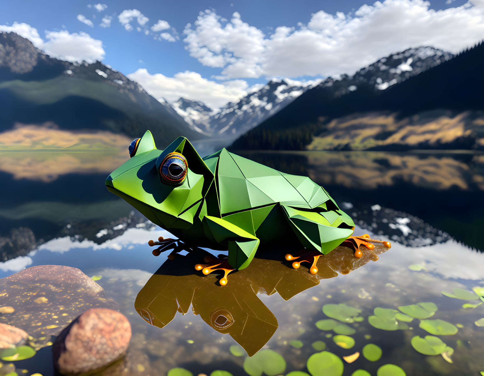 Low-poly green frog by calm lake with mountain reflections