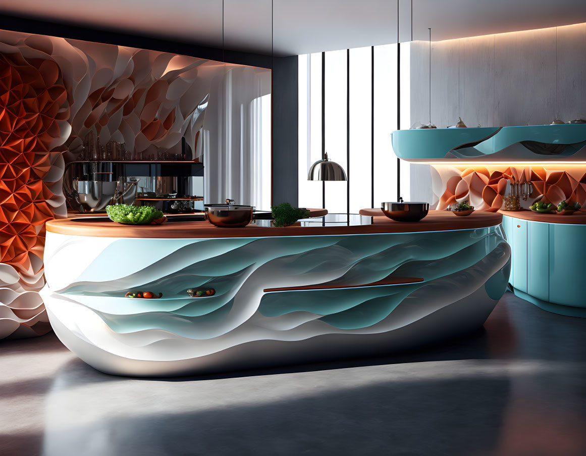 Modern Kitchen with Sculptural White and Aqua Blue Design, Copper Geometric Accents