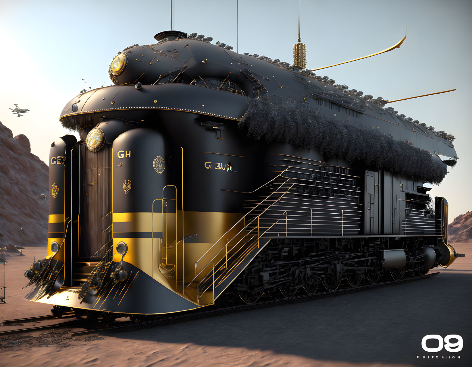 Sleek black and gold futuristic train in desert setting