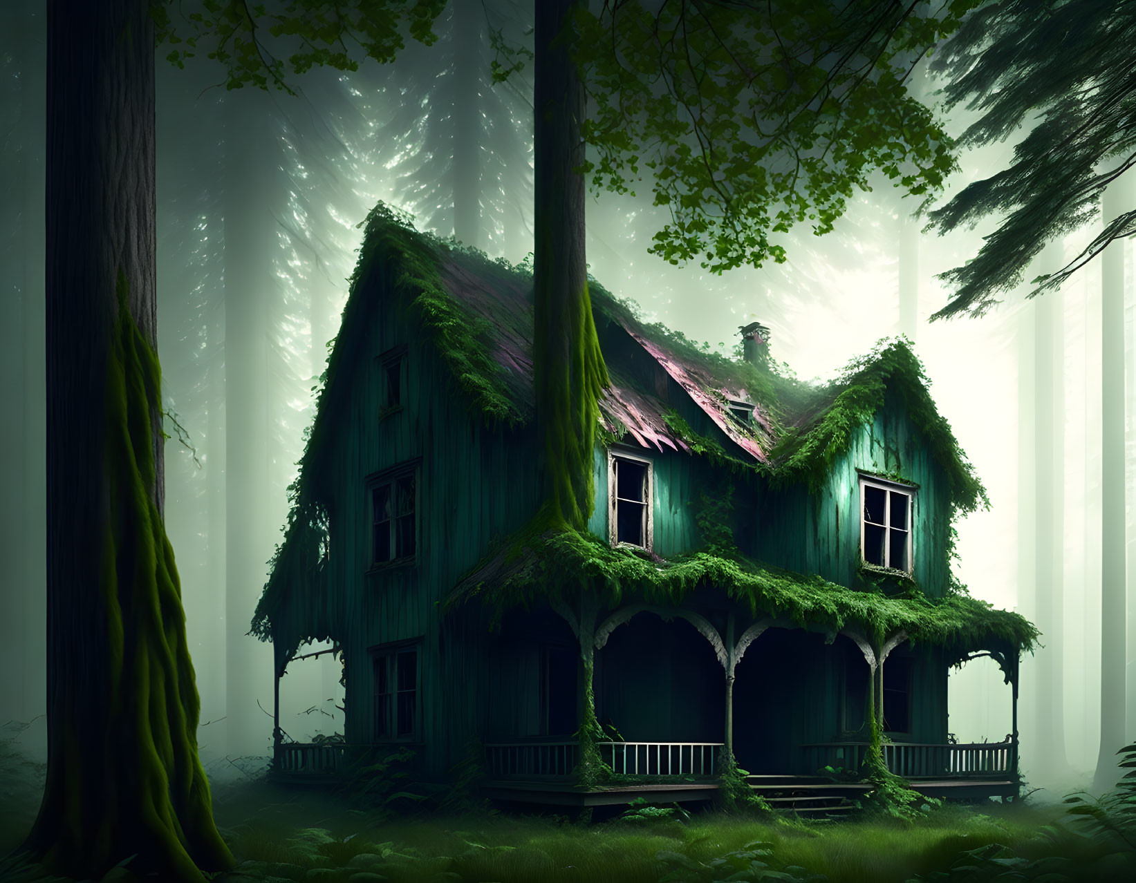 Moss-covered old house in misty green forest