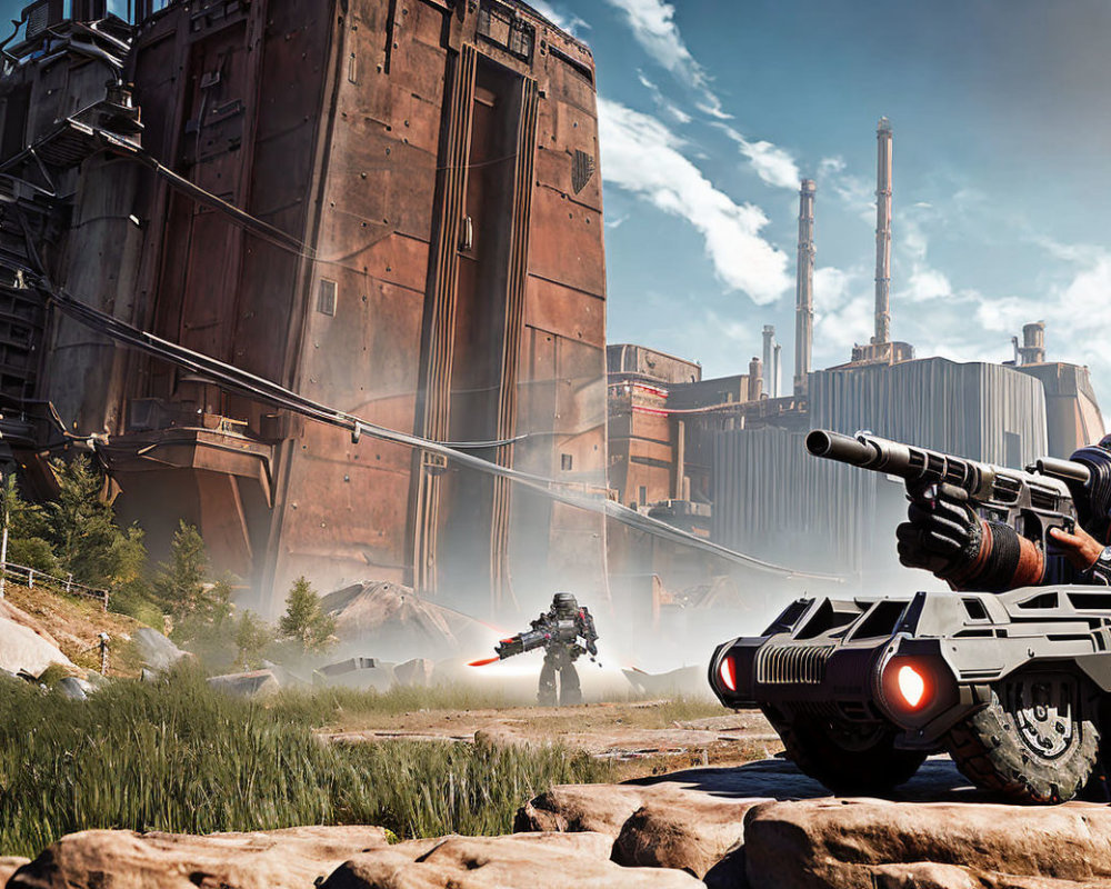 Futuristic battle scene with soldier, large gun, armored vehicle, and enemy near industrial facility