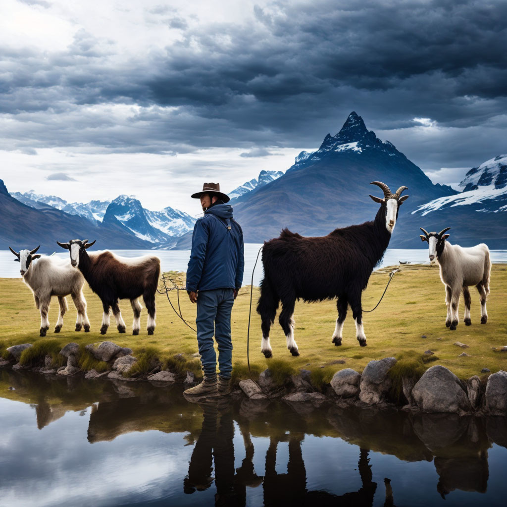 Cowboy hat person with goats by tranquil lake and snowy mountains.