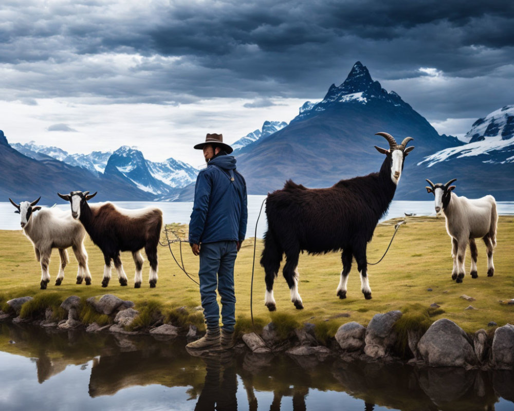 Cowboy hat person with goats by tranquil lake and snowy mountains.