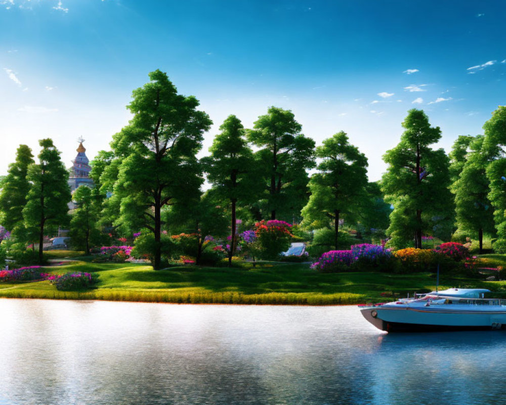 Tranquil riverside view with boat, vibrant flowers, green trees, and distant building against blue