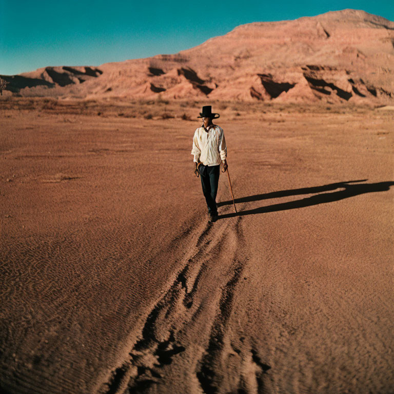 Cowboy hat figure walking in vast desert landscape