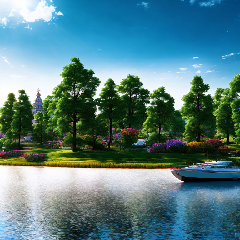 Tranquil riverside view with boat, vibrant flowers, green trees, and distant building against blue