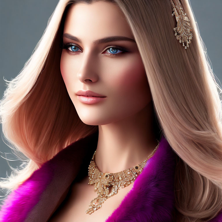 Blonde Woman with Blue Eyes in Fur and Gold Jewelry