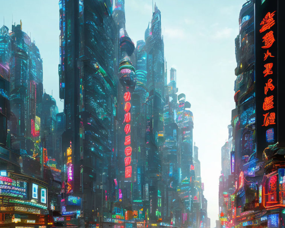 Futuristic neon-lit cityscape with skyscrapers and glowing billboards