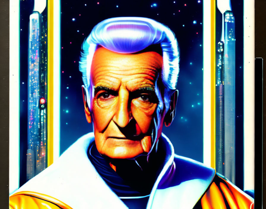 Elderly Man in Futuristic Outfit Against Cosmic Background