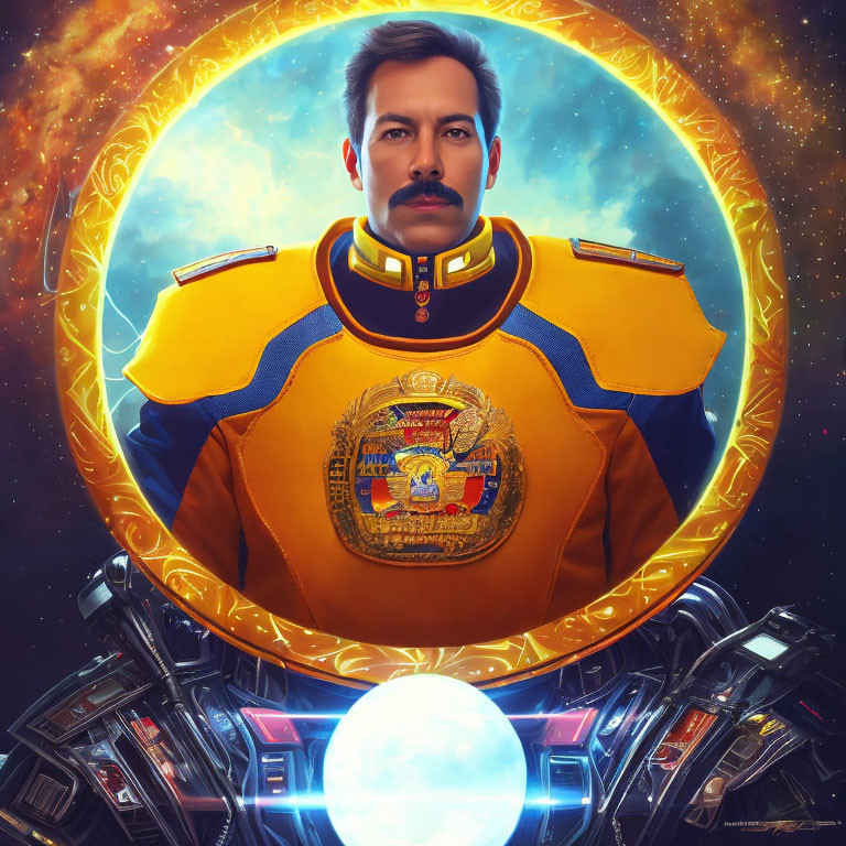 Man in Yellow and Blue Uniform with Medals in Space-themed Portrait