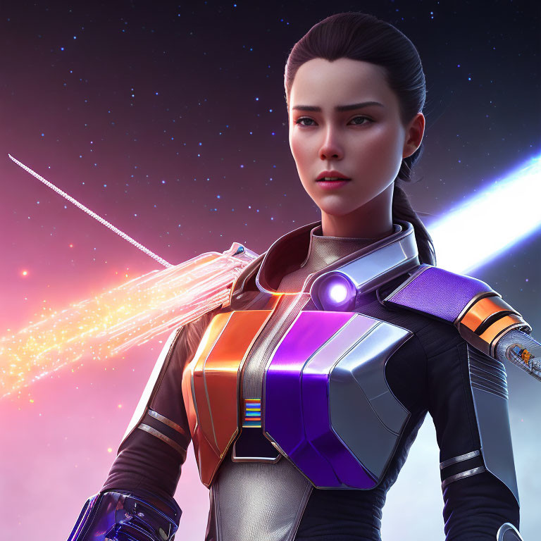 Female warrior in futuristic armor with glowing sword against cosmic backdrop