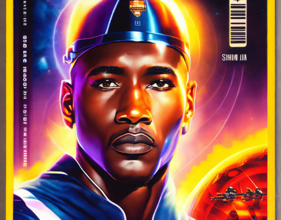 Illustrated portrait of man in helmet with vibrant space-themed background