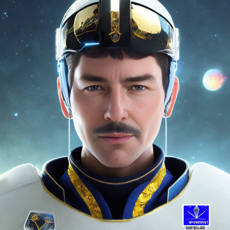 Futuristic astronaut in golden-visored helmet with badges